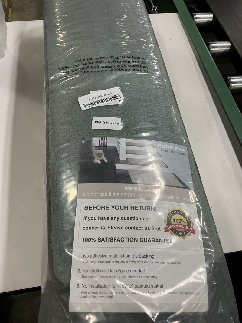 Condition photo showing Good Condition for pure era carpet stair treads ultra plush 8" x 30" soft indoor stair protectors pet-friendly non-slip skid resistant tape free washable reusable(14 pieces, greenish gray) greenish gray 14 pieces no bullnose