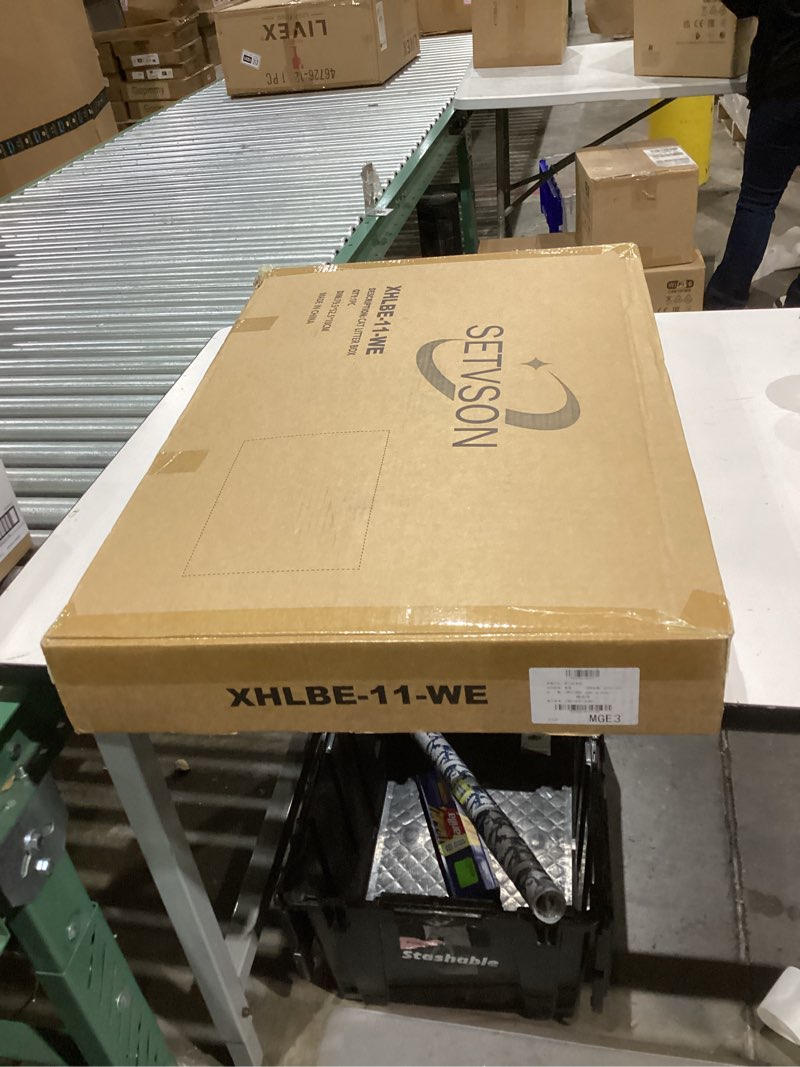 Condition photo showing New/Like New for Cat Litter Box Enclosure Furniture with Divider, Handwoven Rattan Litter Box with Mat, 31.2 x 19.6 x 24.2 Inches, Metal Heightened Feet, Hidden Cat House for Living Room, Bedroom (White) White Rectangle