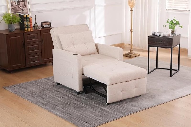 Sleeper Chair 3-in-1 Convertible Chair Bed Pull Out Sleeper Chair Beds Adjustable Single Armchair Sofa Bed with USB Ports, Side Pocket, Linen Beige, wenjingqiUS-W2810P195579