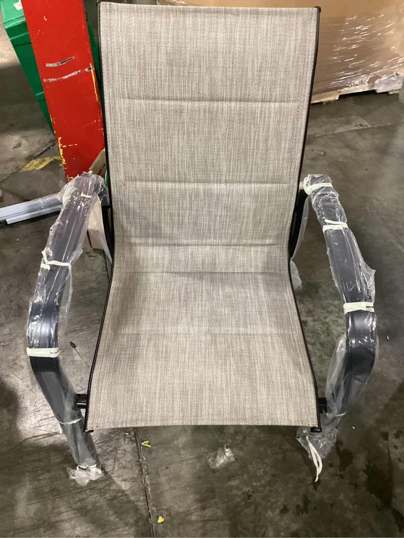 Condition photo showing As Is for style selections pelham woven stackable black metal frame stationary dining chair with tan sling seat