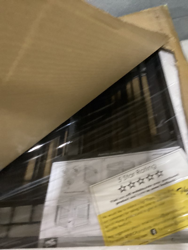 Condition photo showing New/Like New for pawland 144-inch extra wide 30-inches tall dog gate with door walk through, freestanding wire pet gate for the house, doorway, stairs, pet puppy safety fence, support feet included, espresso,6 panels espresso ?6 panels with door?144"w x 32"h