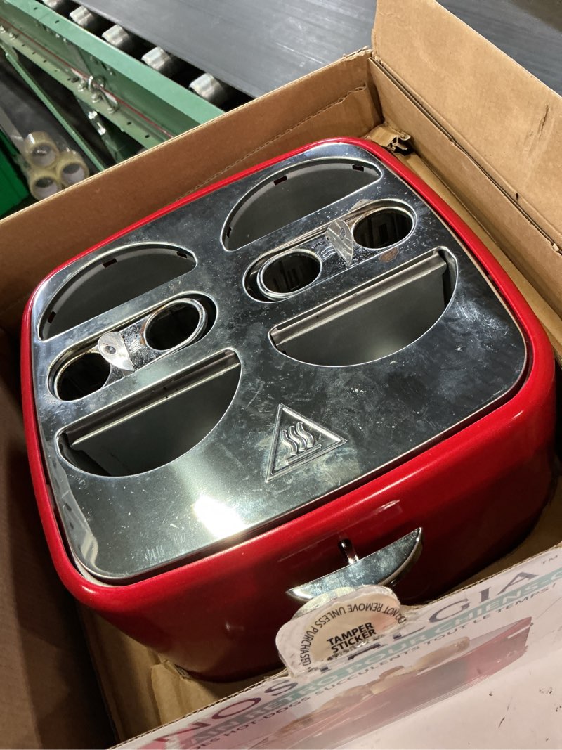 Condition photo showing As Is for nostalgia 4 slot hot dog and bun toaster with mini tongs, hot dog toaster works with chicken, turkey, veggie links, sausages and brats, metallic red red 4 slot