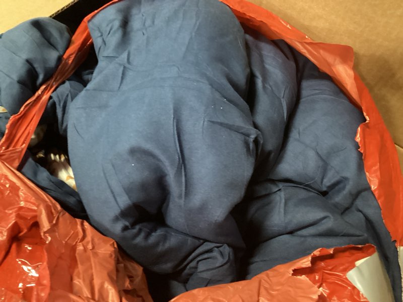 Condition photo showing As Is for Luxudecor Floral King Comforter Set 7 Pieces Bed in a Bag, White Flower Print on Navy Blue Bedding Set, Soft Reversible Comforter with Sheet Set 104"x90" King Navy Blue