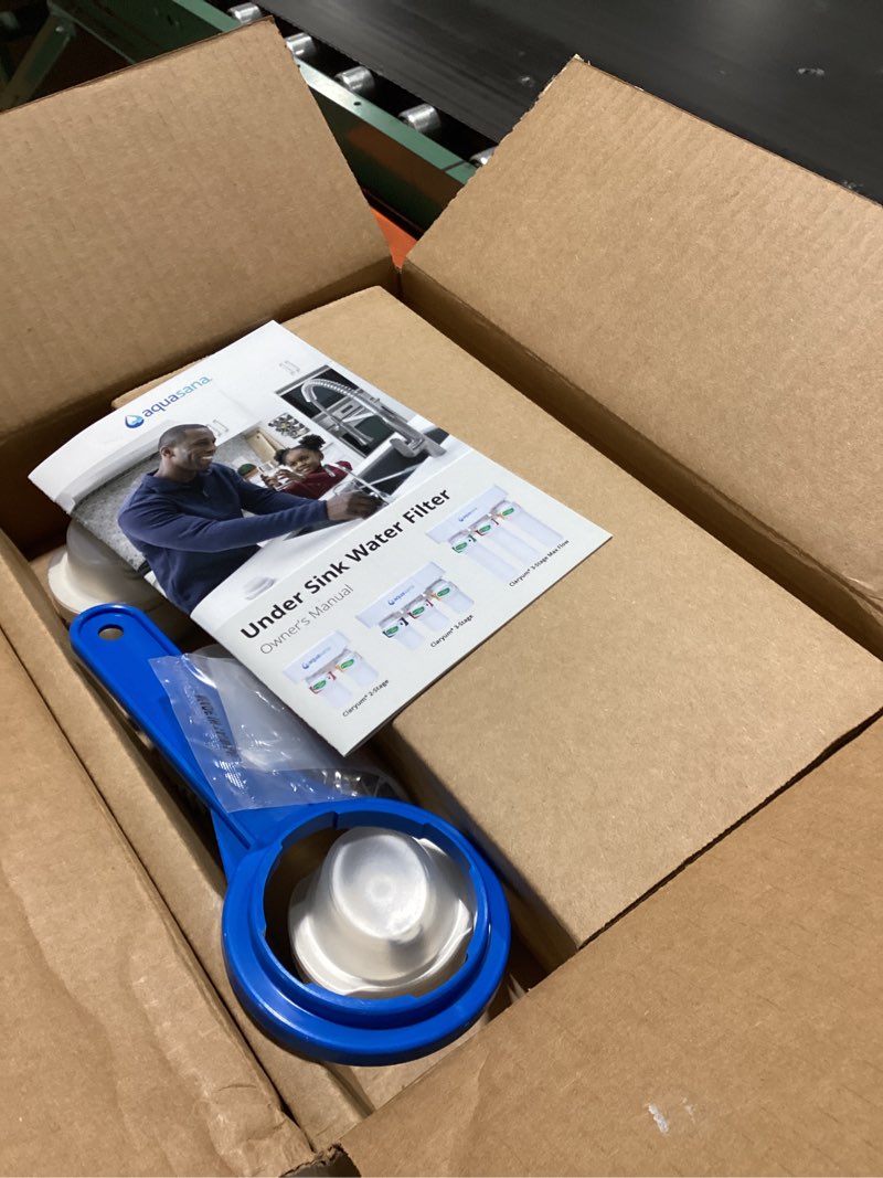 Condition photo showing As Is for Aquasana Under Sink Water Filter System - Reduces PFAS, Lead, & Chlorine in Drinking Water - Under Counter Claryum Filtration for Kitchen - 3-Stage Max Flow - Brushed Nickel Faucet - AQ-5300+.55 Brushed Nickel 3 Stage Max Flow