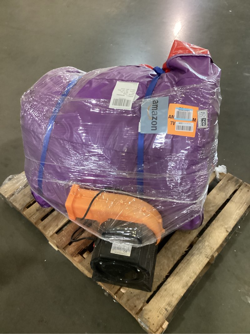 Condition photo showing As Is for 16'x15'x12' rainbow castle inflatable bounce house with dual water slide & pool, 100% pvc vinyl, commercial reinforced, basketball hoop, front entrance for easy supervision, includes blower