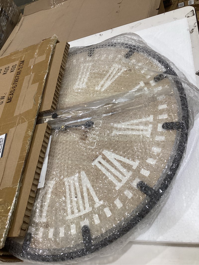 Condition photo showing Good Condition for farmhouse 24 inch wood roman large wall clock with metal circle | oversized wood decorative wall clock with large roman numeral for living room/bedrooms/offices, silent and battery operated light ivory 24 inch