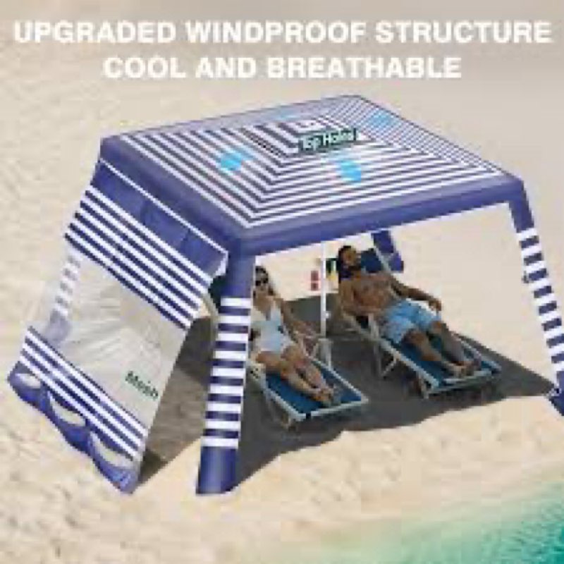 Rhino Valley Beach Cabana, 8 * 8FT Beach Tent UPF50+ Protection, Easy Setup Beach Canopy Wind Resistant with Cup Holder, Compact Beach Shade Foldable Beach Tent Sun Shelter, Blue & White Stripes