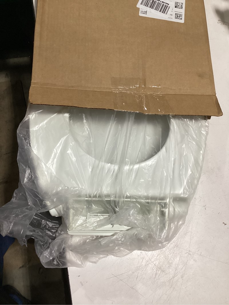 Condition photo showing As Is for mayfair preston easy to clean single hinge toilet seat, modern slow close plastic toilet seat, made in usa, elongated, white elongated modern hinge