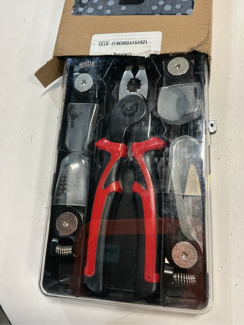 Condition photo showing New/Like New for 5 in 1 wire stripper pliers tools set, combination interchangeable pliers kit, wire stripper, wire crimper, linesman pliers, cable cutter, electricians scissor with storage case