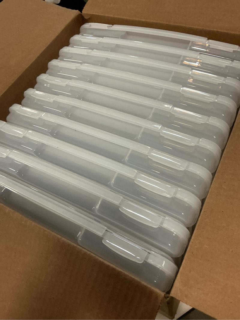 Condition photo showing Good Condition for IRIS USA Board Game Storage Craft Organizer Box with Snap-Tight Latch Lid, 10-Pack Portable Plastic Case Bin for Puzzles, Magazines, Hobbies, Art Supplies, Fits 8.5" x 11" & A4 Papers, Slim, Clear