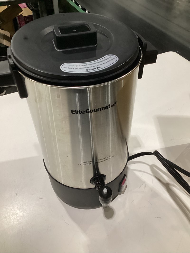 Condition photo showing As Is for (USED, MISSING PARTS) Elite Gourmet CCM-035 Maxi-Matic 30 Cup Stainless Steel Coffee Urn Removable Filter For Easy Cleanup, Two Way Dispenser with Cool-Touch Handles Electric Coffee Maker Urn, Stainless Steel 30 Cups
