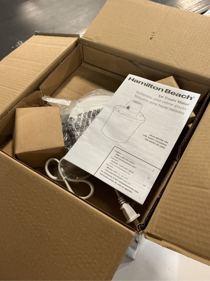 Condition photo showing New/Like New for Hamilton Beach Electric Automatic Ice Cream Maker & Frozen Yogurt Machine, Makes Custard, Sorbet, Gelato and Sherbet, 4 Quart, White (68330N)