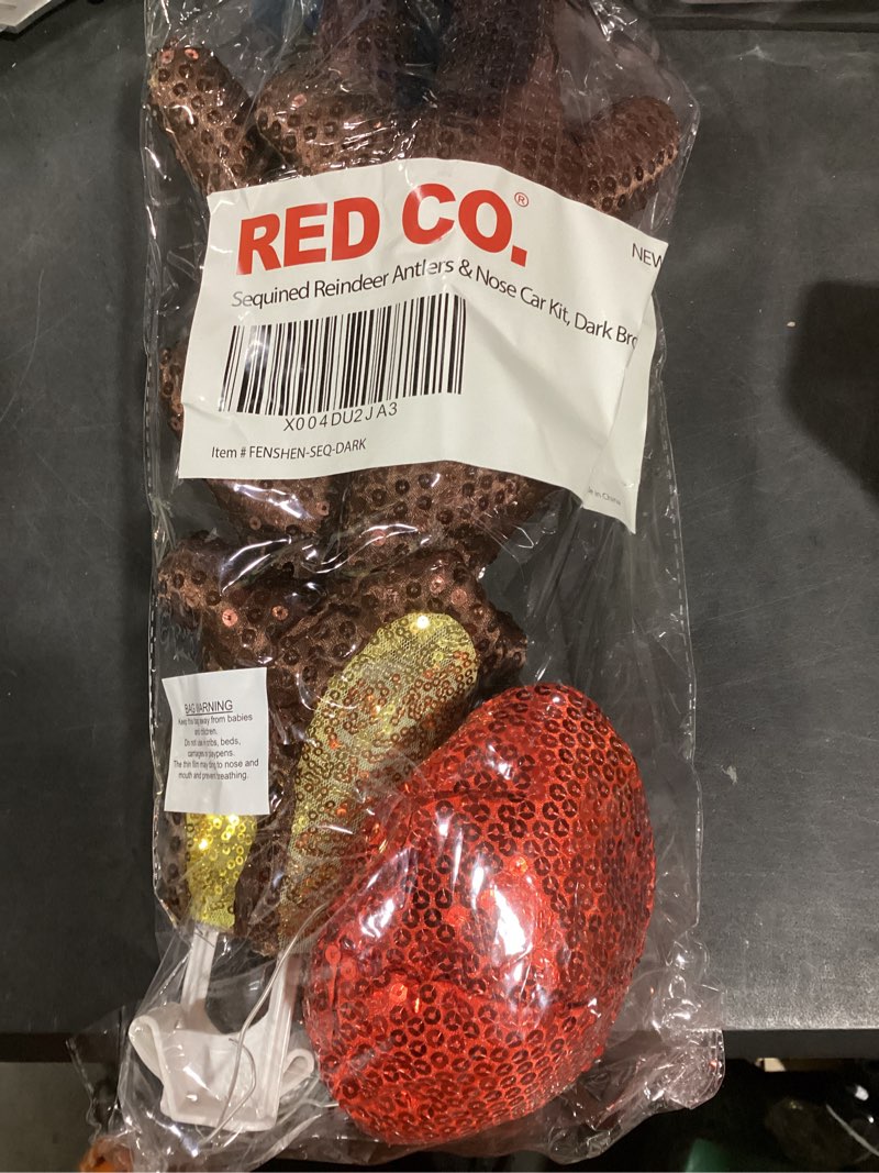 Condition photo showing New/Like New for Red Co. 16.5” Sequined Reindeer Antlers & Nose Christmas Car Kit Products, Dark Brown