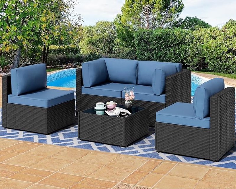 shintenchi 5 pieces outdoor patio furniture sets, patio sectional sofa couch, gray pe wicker furnitu