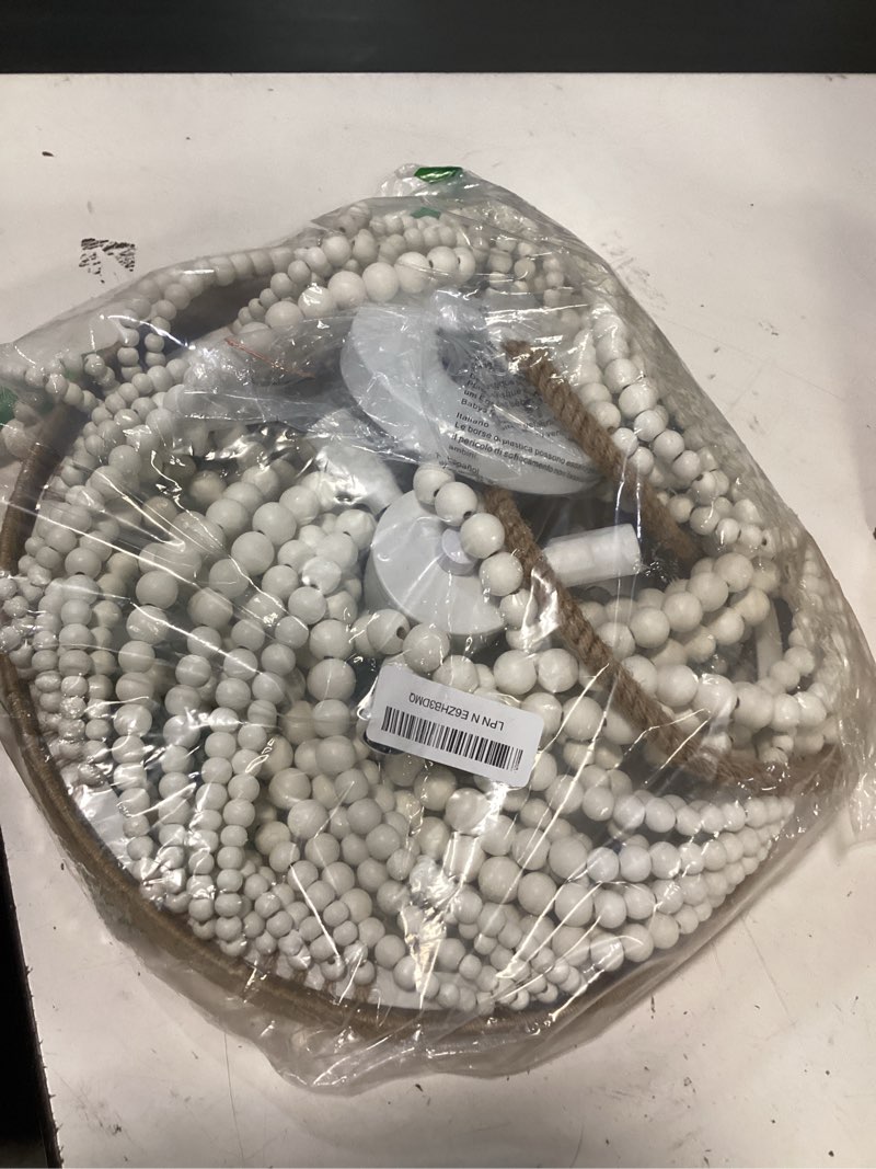 Condition photo showing New/Like New for viluxy bohemia wood beaded pendant lights antique rustic mini chandelier white finishing for bedroom, nursery room, girl room, hallway, entryway, passway, dining room, 3-light oak white 3 lights