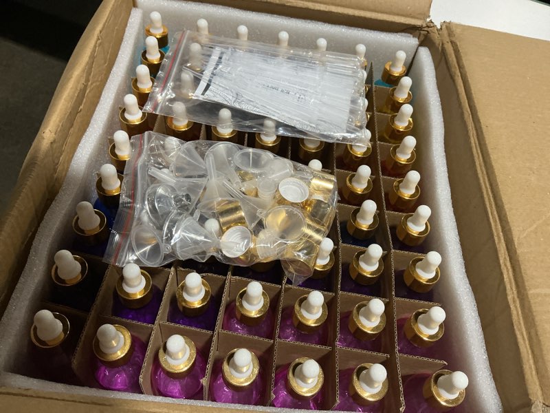 Condition photo showing Good Condition for PrettyCare Glass Eye Dropper Bottles 2oz (60ml), 63 Pack Rainbow Empty Thick Bottles Bulk with Leakproof Golden Caps - With Labels & Funnels for for Storage, Travel,Essential Oils, DIY Serums, Tinctur 2oz Rainbow 63 Pack