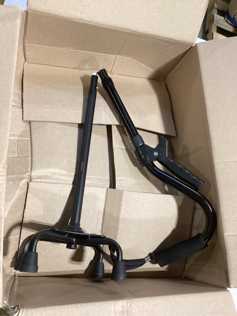 Condition photo showing As Is for adjustable walking cane for men & women with 4-pronged base for extra stability - foldable cane for seniors with foam padded offset handle for soft grip & a second handle for standing black