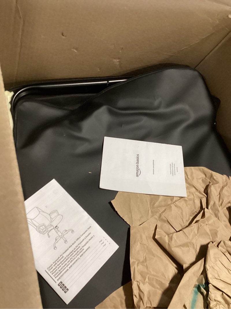 Condition photo showing As Is for Amazon Basics Classic Puresoft PU Padded Mid-Back Height Adjustable Office Computer Desk Chair with Armrest, 26"D x 23.75"W x 42"H, Black