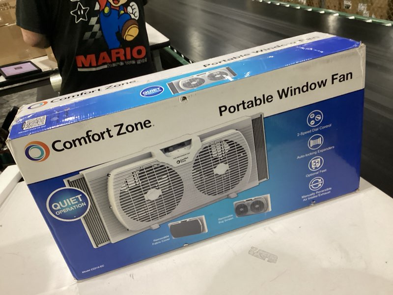 Condition photo showing Good Condition for comfort zone twin window fan with reversible airflow control, 9 inch, auto-locking expanders, 2 speed fan, dual fan, exhaust, airflow 9.84 ft/sec, ideal for home, kitchen, bedroom & office, cz319wt white 9"