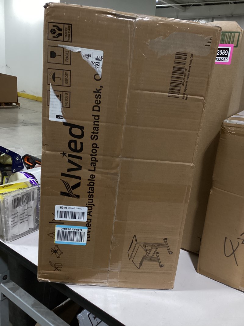 Condition photo showing Good Condition for klvied small standing desk with cup holder, height adjustable mobile laptop stand on wheels, ergonomic rolling computer workstation for home office, portable overbed table for couch & bed, oak standard oak