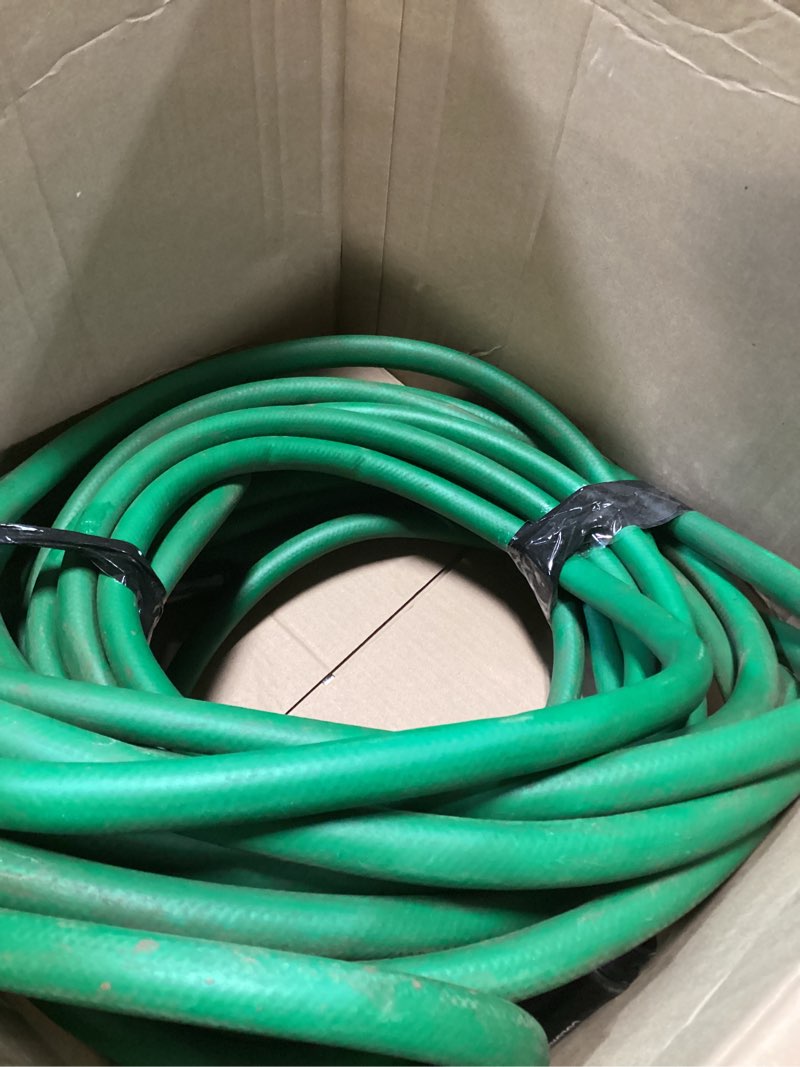 Condition photo showing As Is for flexzilla colors garden hose 5/8 in. x 75 ft., lightweight all-weather water hose, durable and flexible, leak-free connections, forest green standard grip 75ft forest green