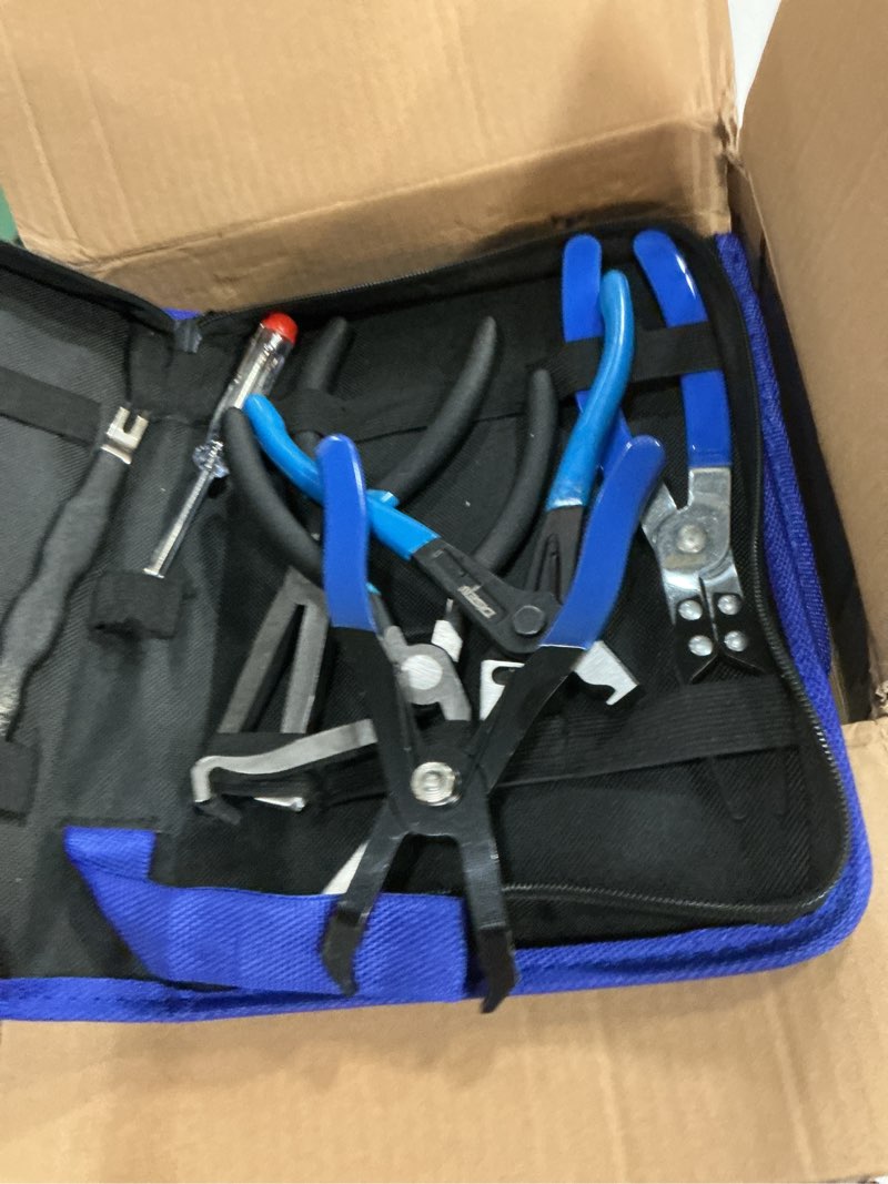 Condition photo showing As Is for disen 13pcs electrical disconnect pliers & fuel line disconnect tool set, automotive electrical terminal connector separator removal tool kit with storage bags, blue