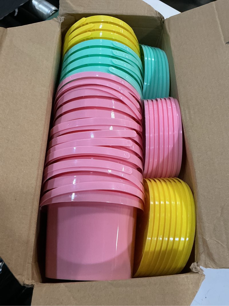 Condition photo showing Good Condition for ceenna 50 pcs 10oz ice cream bucket with spoons lids handles reusable round plastic dessert bucket food storage container multipurpose pails soup cup for deli fruit beverage party supplies, 5 pastel
