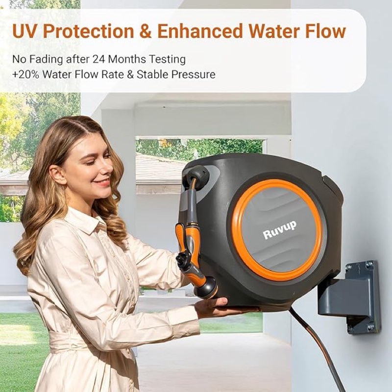 ruvup retractable garden hose reel,1/2in x 150ft water hose reel with metal bracket, uv resistant automatic hose reel wall mount for outside, slow retraction any length lock 10 spray nozzle