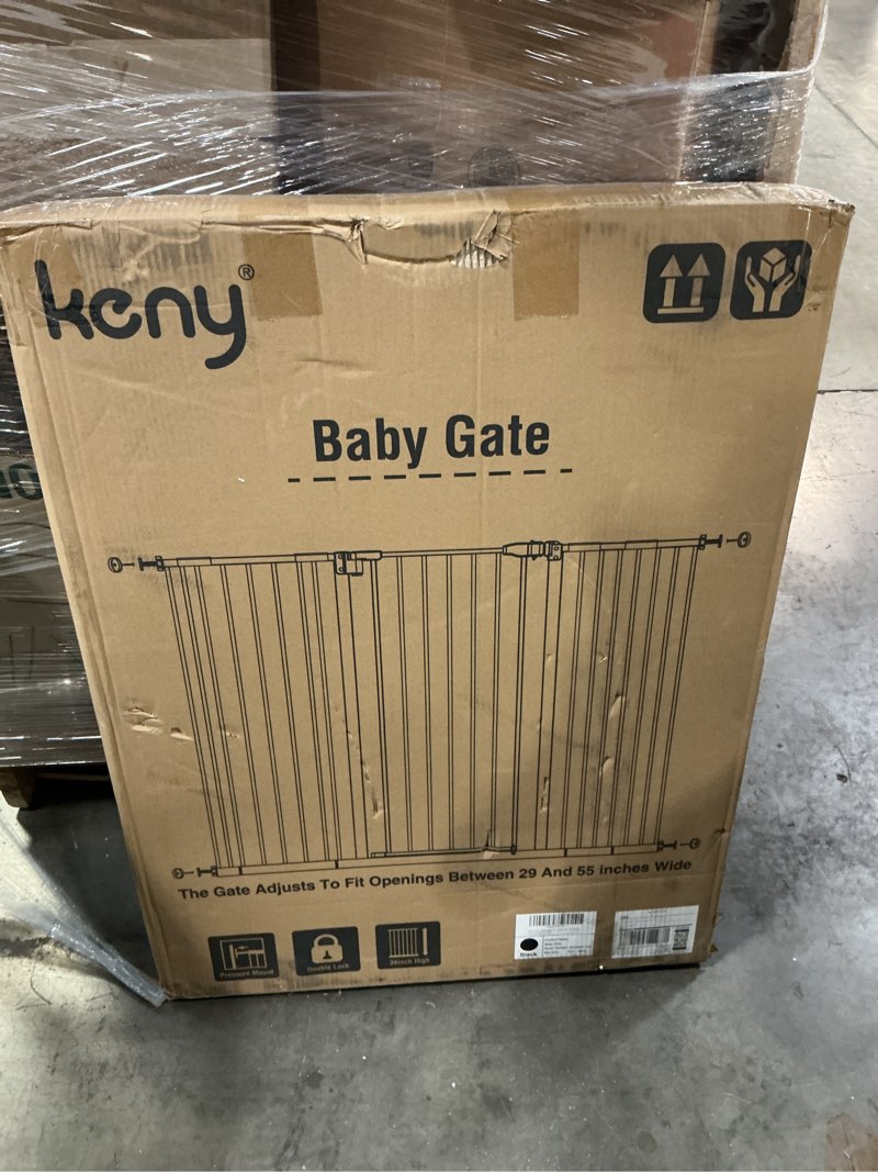 Condition photo showing New/Like New for keny 36" extra tall baby gate for stairs, 29"-55" wide auto close dog gate for doorways, pressure mounted easy walk through pet gate with door, black black 29-55"wide, 36"tall