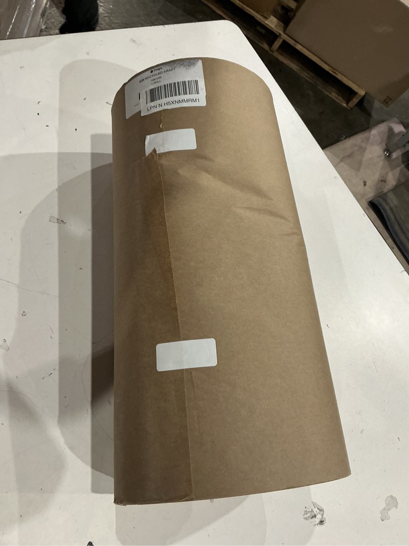 Condition photo showing As Is for 18 inch x 1200' 30# kraft paper roll for wrapping boxes, parts, layering 100% recycled fibers, brown