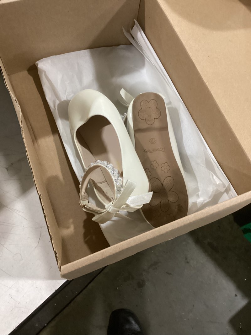 Condition photo showing Good Condition for dream pairs toddler little girls dress shoes flower girl mary jane ballet flat shoes with pearl ankle strap & satin bow for wedding/party 11 little kid ivory