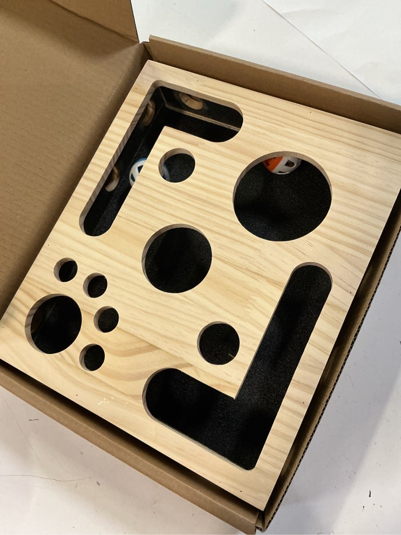 Condition photo showing Good Condition for cat nail file enrichment box & scratch puzzle maze – stress-free nail filing alternative to clippers & grinders, indoor cat scratcher, treat maze, sandpaper claw file, interactive puzzle box natural wood color