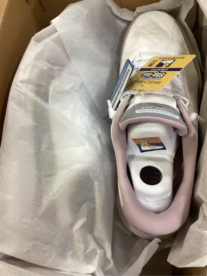 Condition photo showing New/Like New for skechers women's contour foam hands free slip-ins, white/lavender, 5.5w