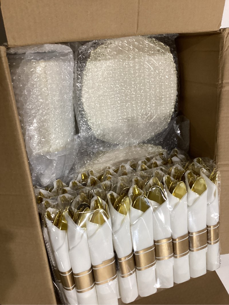 Condition photo showing Good Condition for bestluck 350pcs ivory plastic plates for 50 guests, disposable dinnerware sets include 100 gold rim plastic plates, 50 silverwares, 50 cups, and 50 pre rolled napkins for party, wedding, graduation ivory white 50 guests set