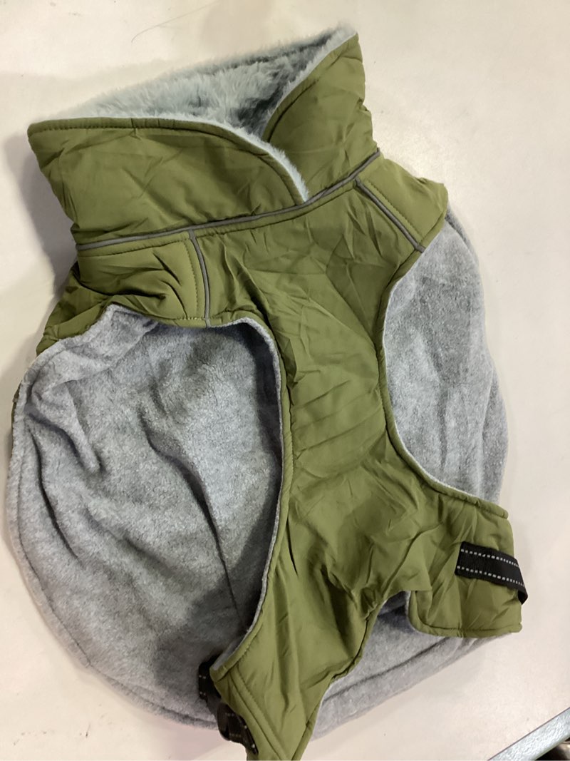Condition photo showing Good Condition for Lelepet Warm Dog Coat Waterproof Dog Jacket for Large Dogs Reflective Fleece Vest with Adjustable Buckle Hook & Loop Windproof Cold Weather Coats for Small Medium Large Dogs, Army Green, L L Army Green