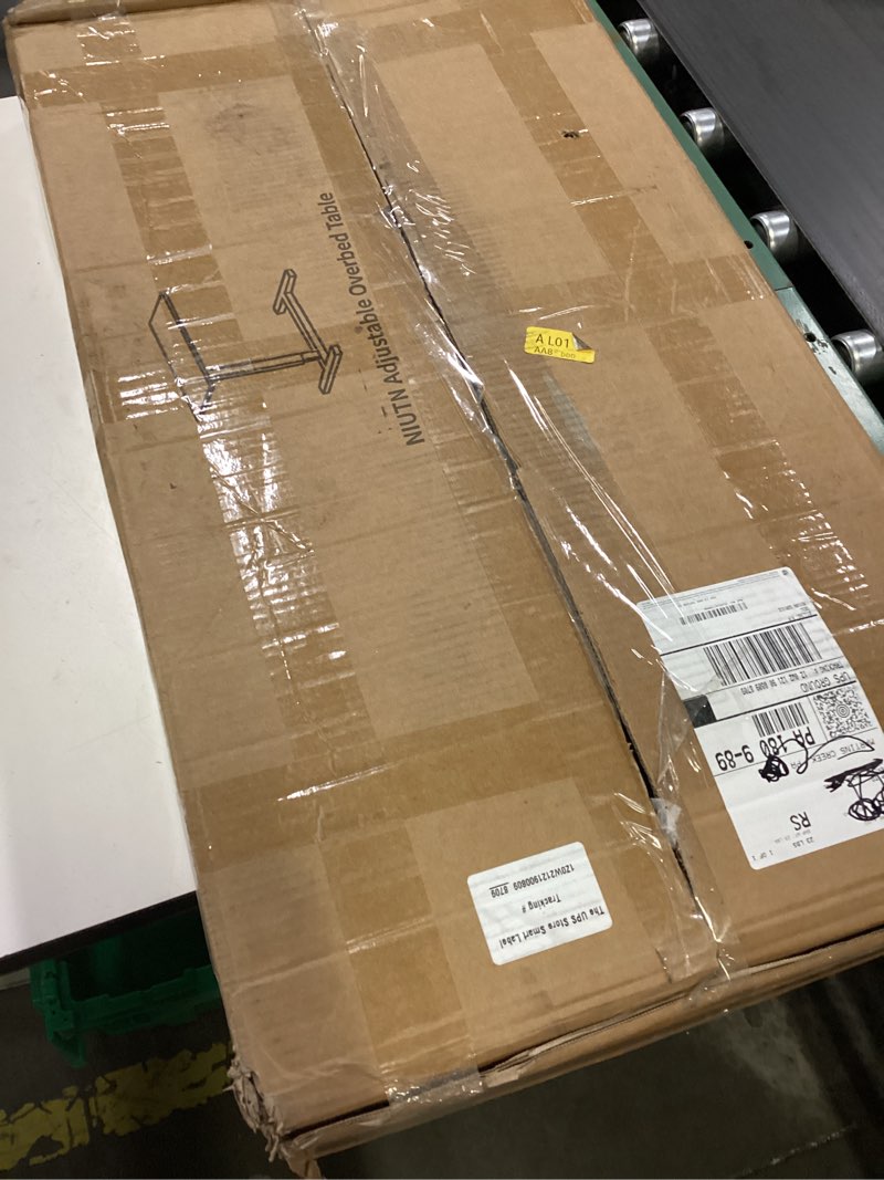 Condition photo showing New/Like New for overbed bedside table with wheels, adjustable hospital over bed table, rolling laptop table, medical bed side table wood color