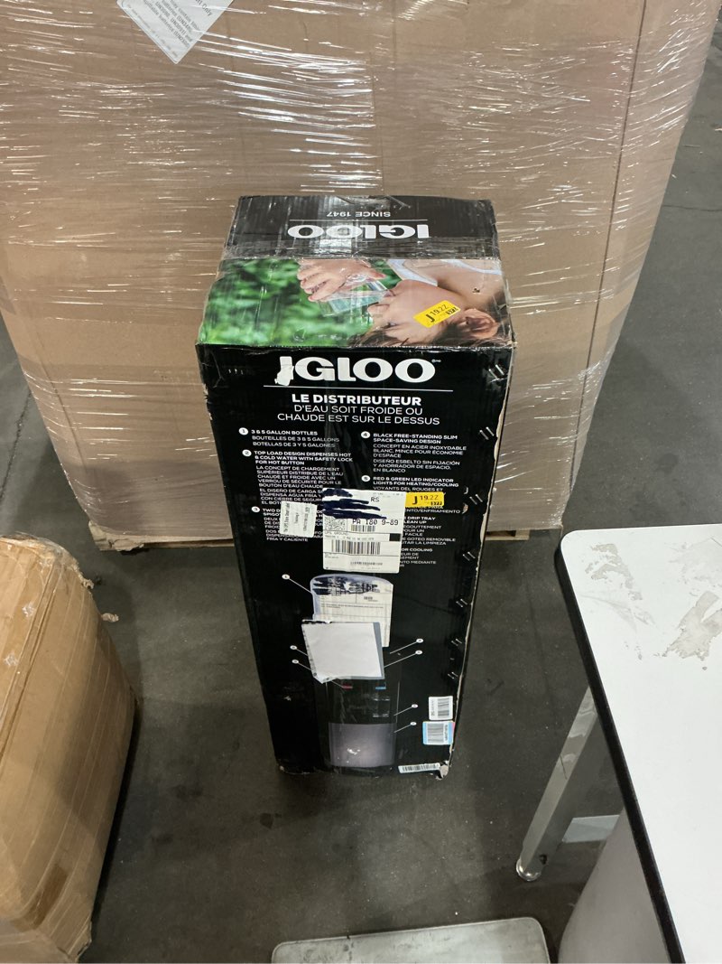 Condition photo showing New/Like New for igloo top loading water cooler with removable tray & energy-saving features - water tower with hot, cold temperature settings- water dispenser fits 3 & 5-gallon jugs with child safety lock- stainless stainless top load