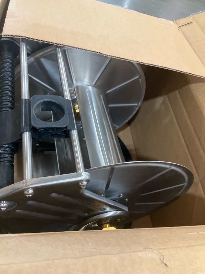 Condition photo showing As Is for giraffe tools stainless steel garden hose reel heavy duty, wall/floor mounted stainless water hose reel retractable with crank, 150-feet 5/8" hose capacity 150 ft capacity without hose