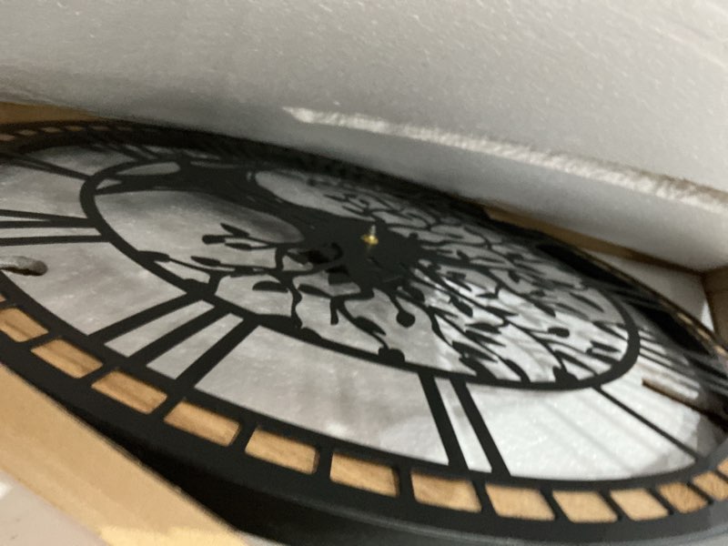 Condition photo showing As Is for wall clocks for living room decor,24”tree of life silent large wall clock,battery operated with solid wood frame for kitchen, bedroom, or office black rome 24-inch