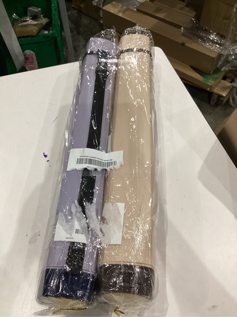 Condition photo showing New/Like New for 2-pack extendable poster tubes expand from 24.5” to 40” with shoulder strap | carry documents, blueprints, drawings and art | creamy white and violet portable round storage cases with lids and labels large polygon creamy and violet