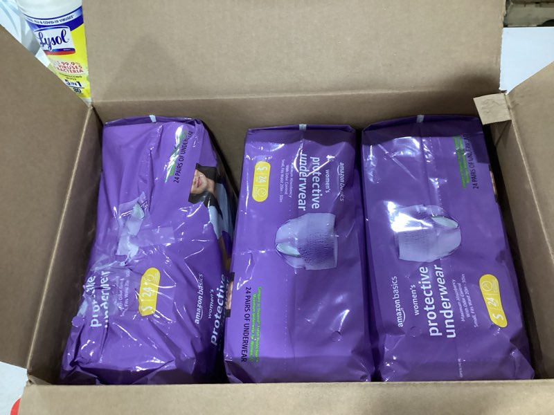Condition photo showing As Is for Amazon Basics Incontinence Underwear for Women, Protective, Disposable, Postpartum, Maximum Absorbency, Large, Lavender, 54 Count (3 Packs of 18) Large 54.0