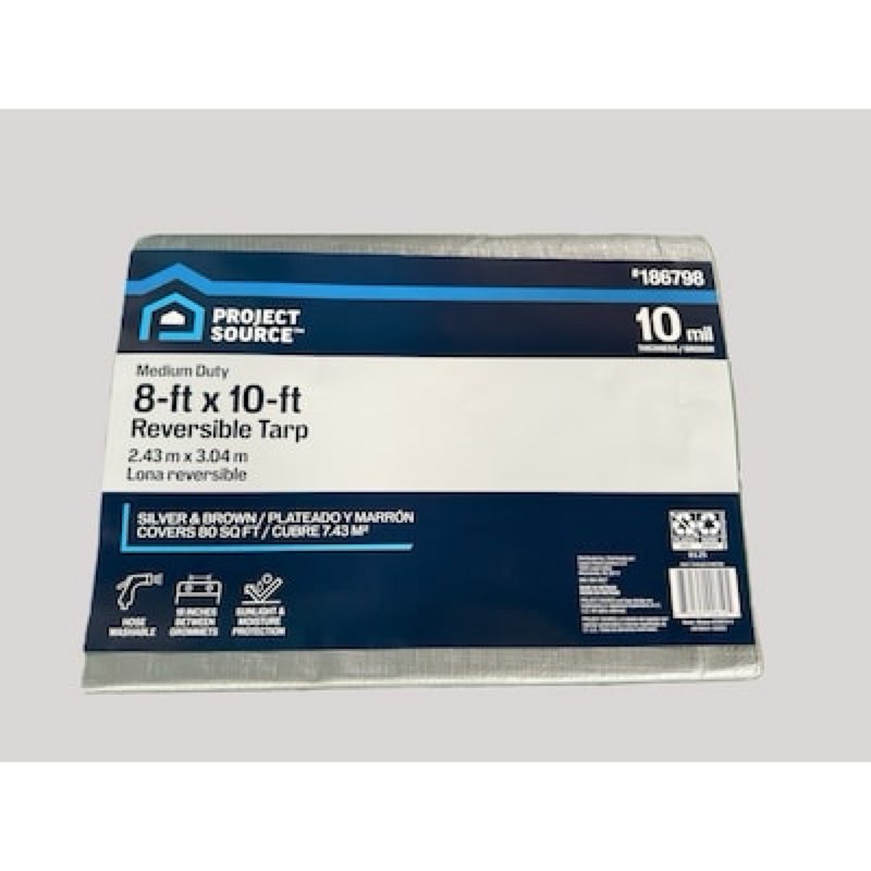 project source 8-ft x 10-ft silver waterproof standard polyethylene 10-mil tarp item #186798 | model #ch8x10-h as is has hole in center