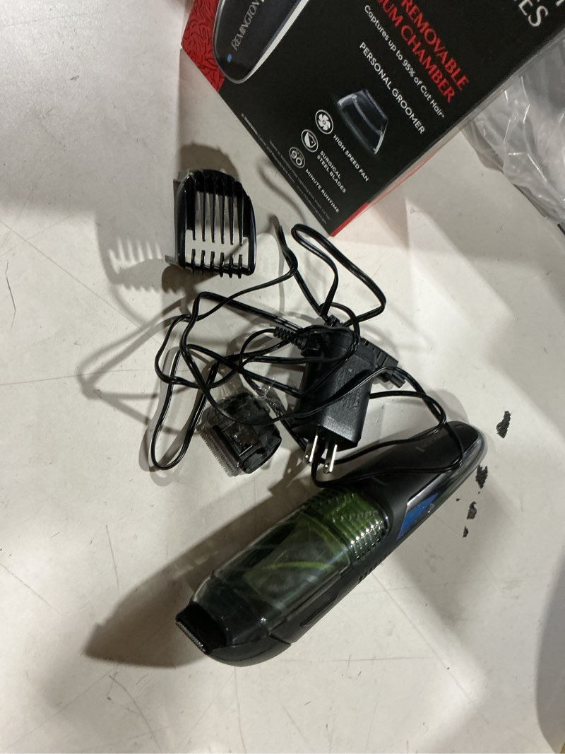 Condition photo showing As Is for remington vacuum beard trimmer,13 length and style settings with adjustable length comb (2-18mm),vacuum trimmer for beard, mustache, and stubble, rechargeable lithium power, washable, removable blades 2 piece set black/green
