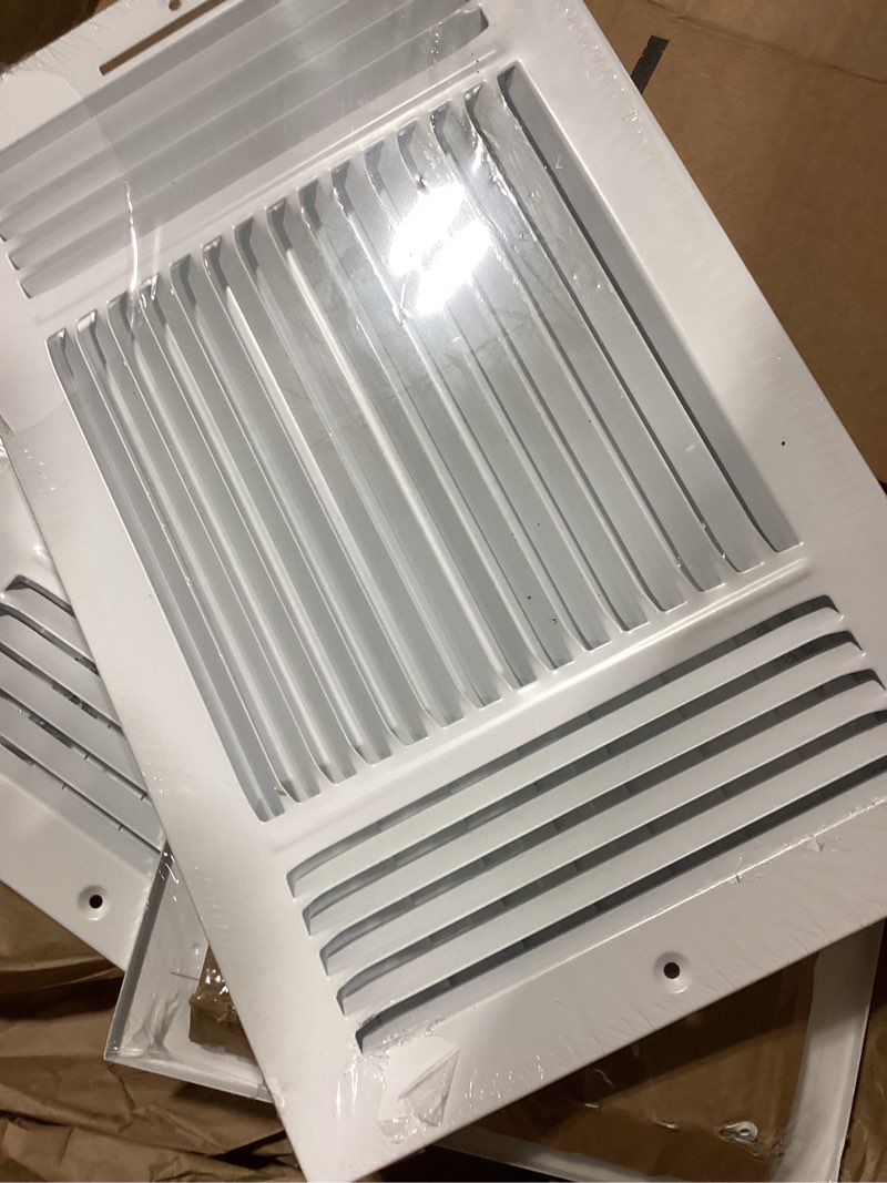 Condition photo showing As Is for 4 pcs 10x4 inch ceiling vent register for home, white 3 way sidewall solid steel wall air vent registers ac ceiling vent return covers, interior size 10 x 4 inch interior size 10x4 inch 4