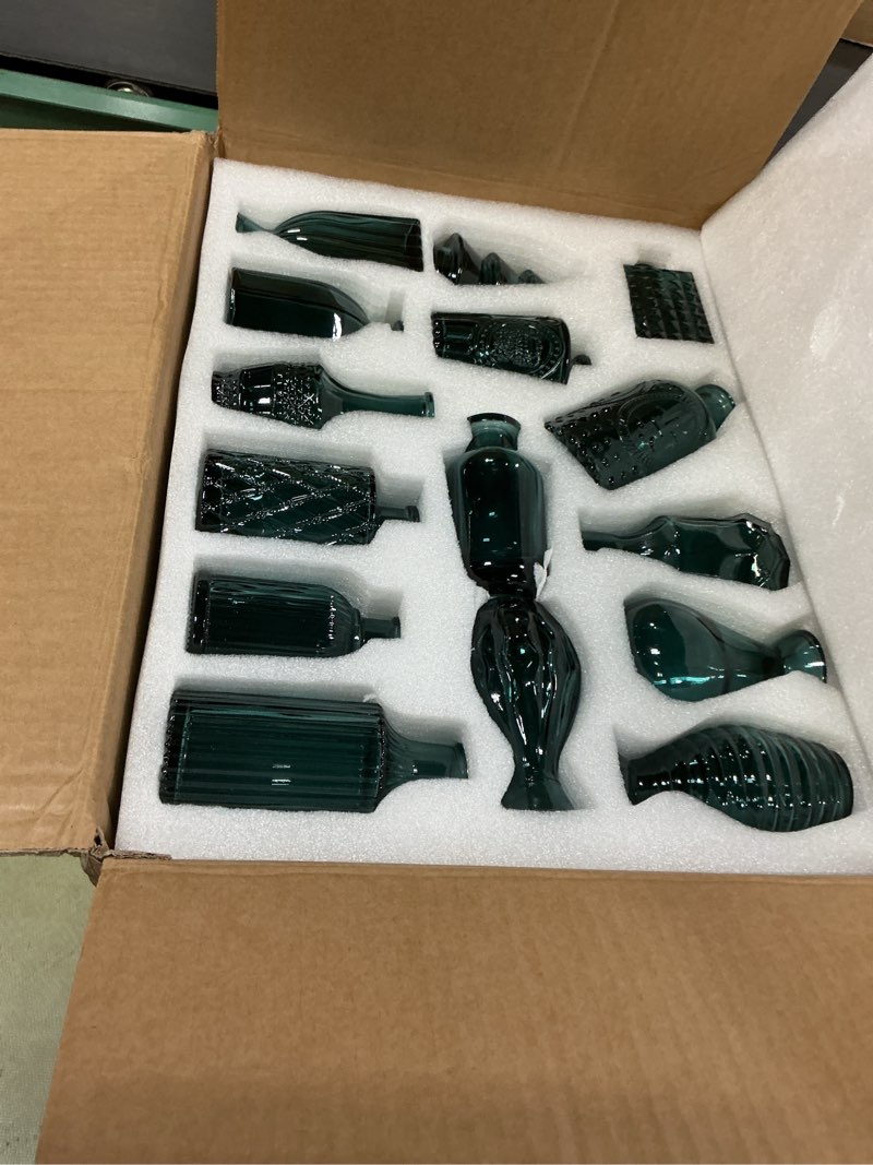 Condition photo showing New/Like New for Glass Bud Vases in Bulk Set of 30 Pcs,Small Glass Vases for Flowers as Wedding Centerpieces for Tables,Clear Flower Vases Suitble for Wedding Decorations,Home Decor (Dark Green, 30 pcs) Dark Green 30 pcs