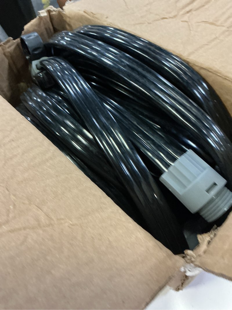 Condition photo showing As Is for sprinkler hose with holes, flat soaker hose 100 ft (25 ft 4pack) with garden staples and splitters, watering drip irrigation hoses for lawn, vegetable and garden beds (100 ft) 100 ft (25ftx4pack) black