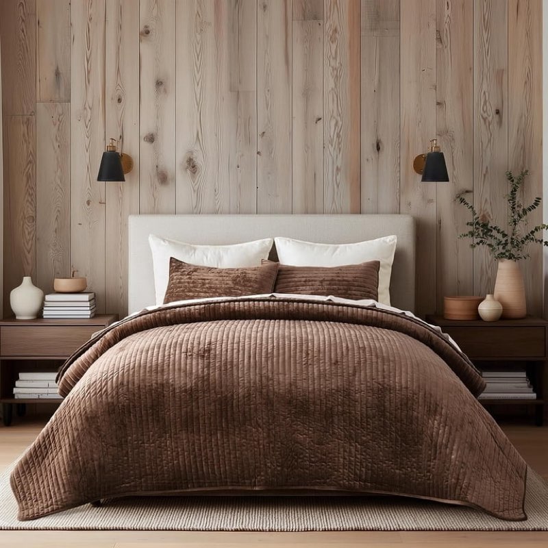 evergrace velvet quilt set queen size, luxurious soft striped channel bedding set, lightweight velvet comforter for all season, oversized bedspread coverlet with 2 matching shams, rust brown