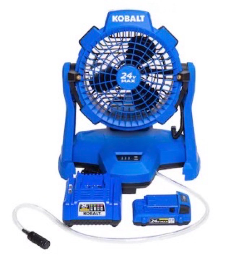 kobalt 7-in high velocity indoor/outdoor misting floor fan, battery powered, in blue