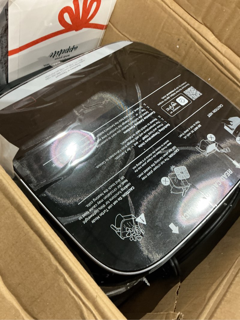 Condition photo showing As Is for cosori 9-in-1 turboblaze air fryer 6 qt, pfas-free ceramic coating, 90°–450°f, precise heating for even results, air fry, roast, bake, broil, dry, frozen, proof, reheat, keep warm, 120v, dark gray dark gray 6qt