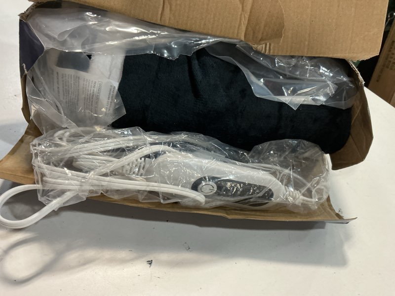 Condition photo showing Good Condition for electric heated blanket, soft flannel fabric heating blanket features 5-level temperature adjustment machine washable etl certified double-sided heating blue & white